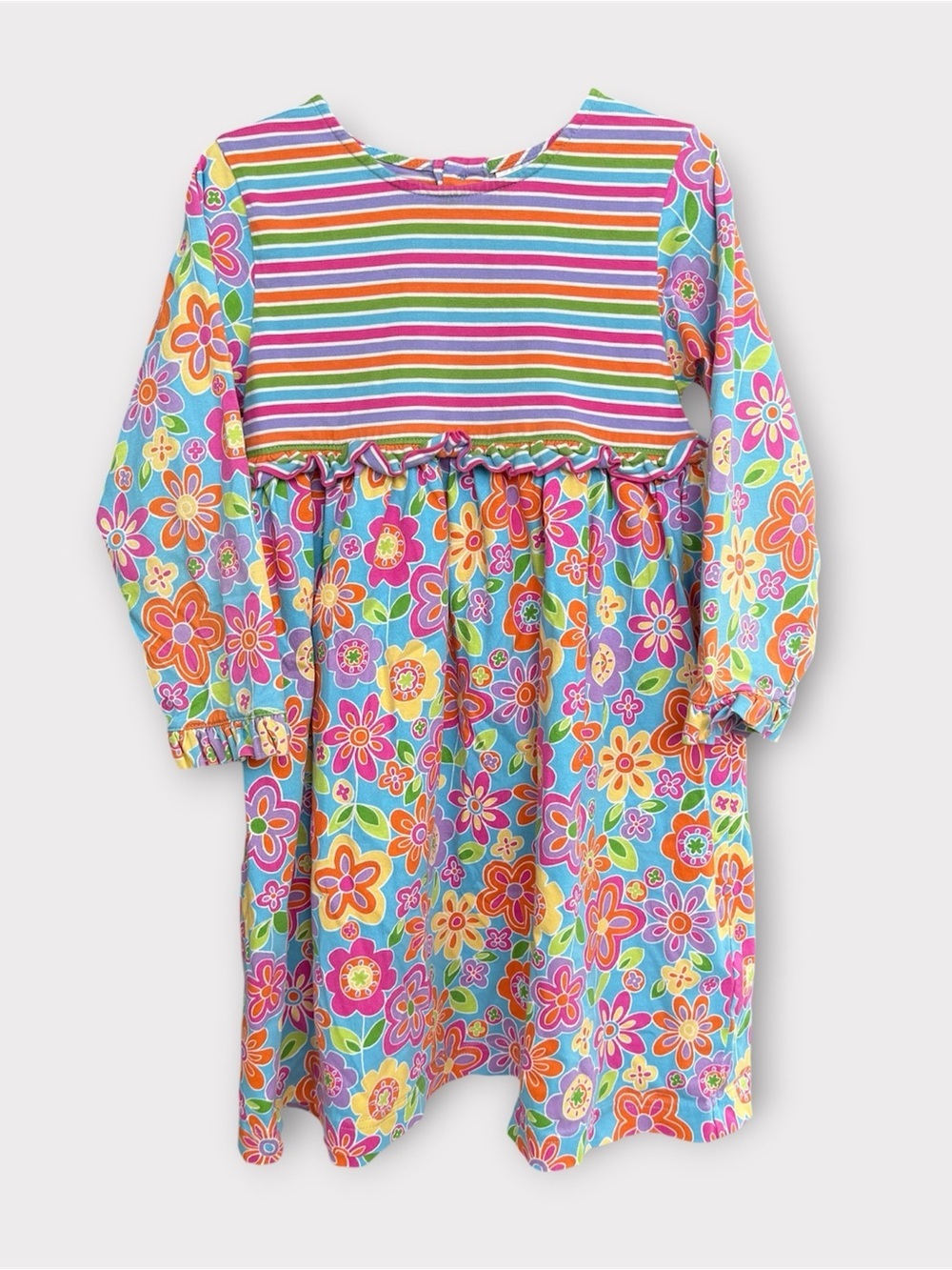 Hanna Andersson Little Girls Floral Striped Long Sleeve Ruffle Dress Size 5